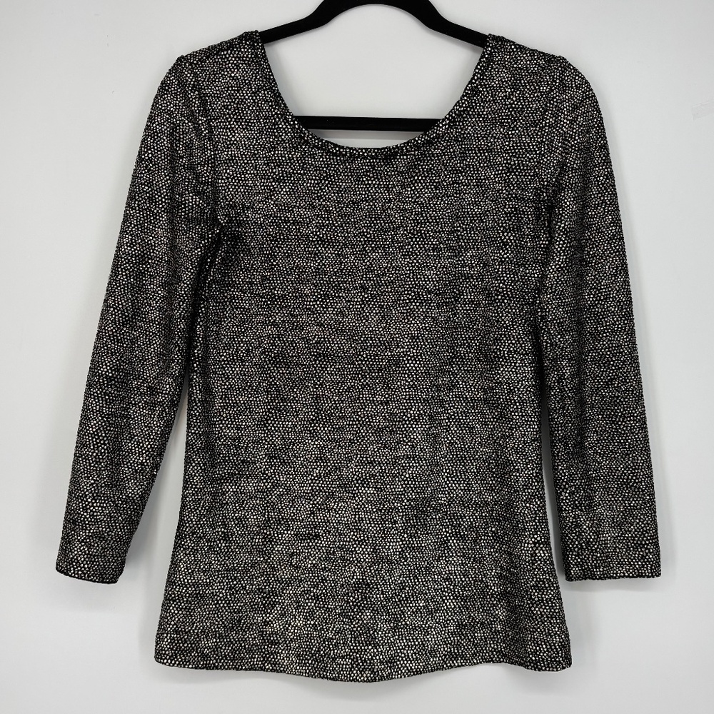 & Other Stories Womens 12 XS Fitted Knit Top Black Gold Metallic Low Back 3/4 Sl